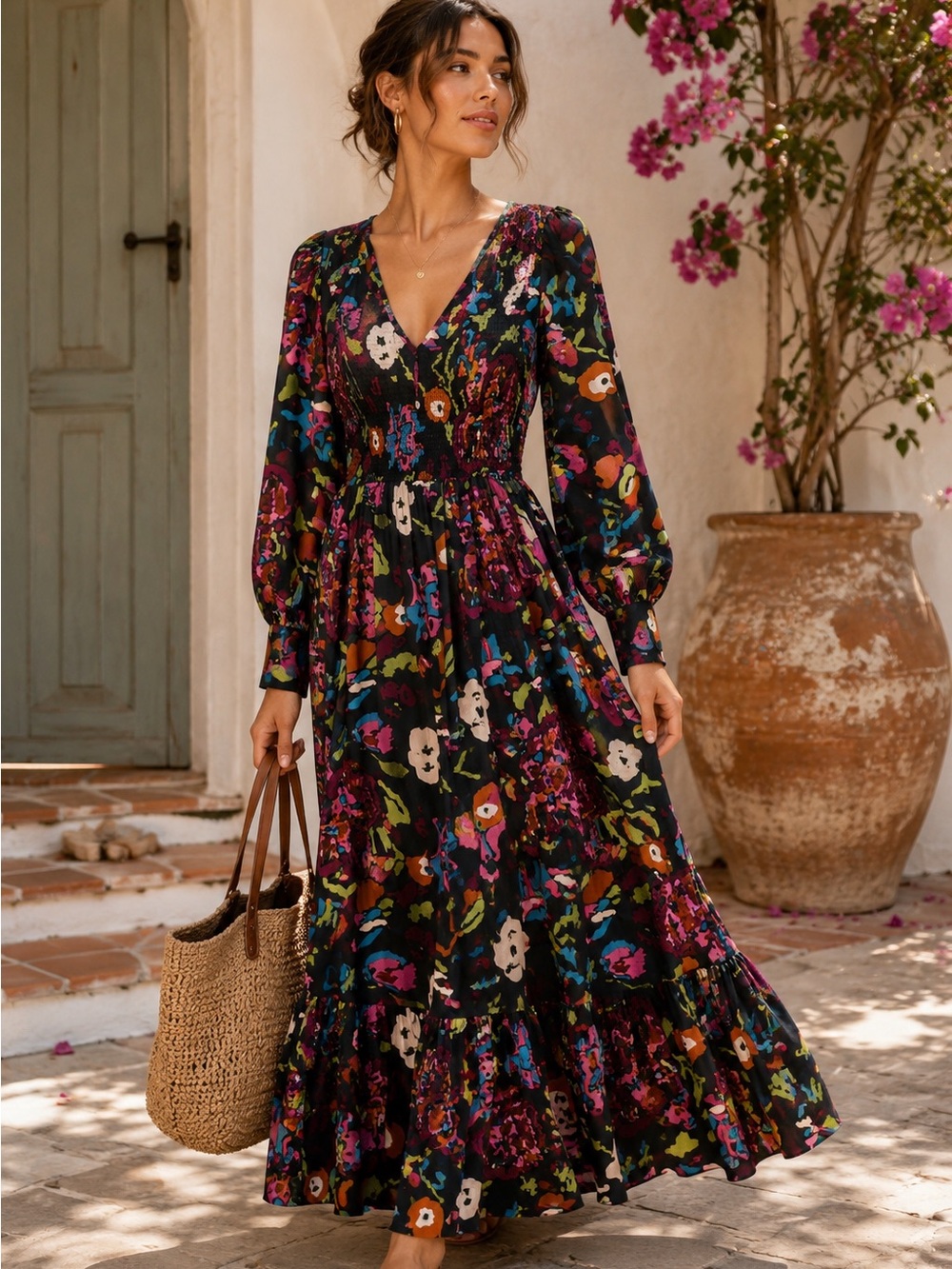 Cleobella Juliette Maxi Dress XS Black Floral Smocked Boho Cottagecore